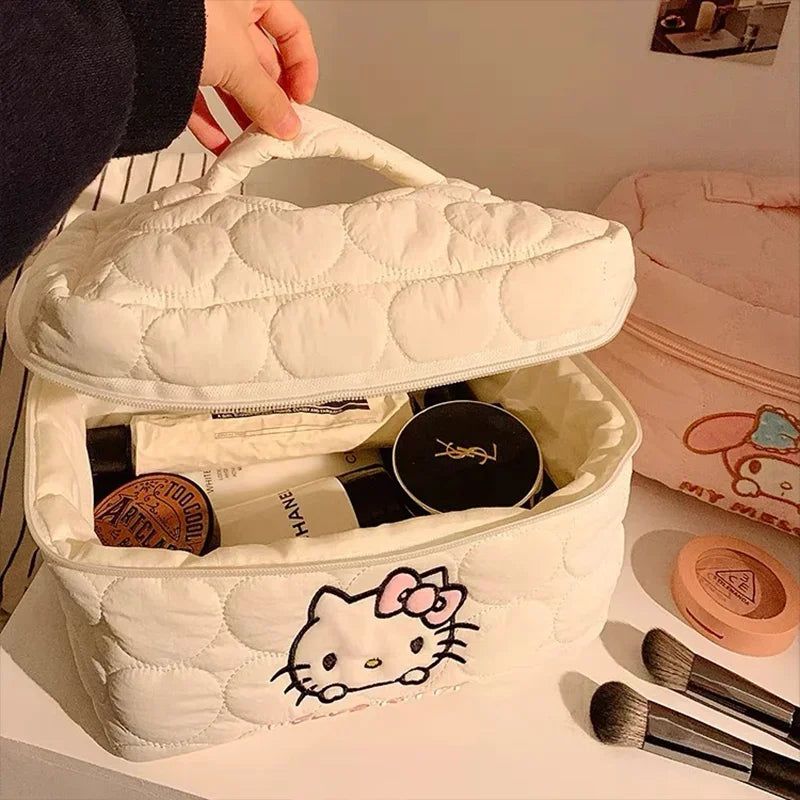 Hello Kitty Cute Quilted Makeup Bag Soft Cloud Texture Large Capacity Travel Cosmetics Storage Bag Toiletry Pouch Ladies Gifts