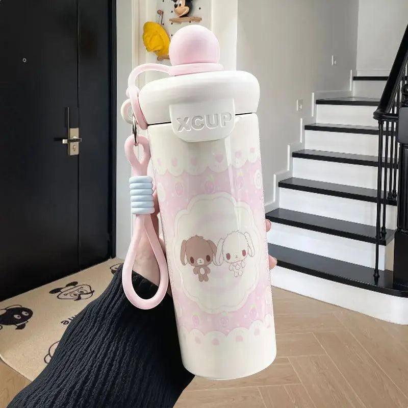 600ml Sugarbunnies Cute Cartoon Stainless Steel Floating Ball Straw Insulated Cup Large Capacity Portable Coffee Mug Plush Toys