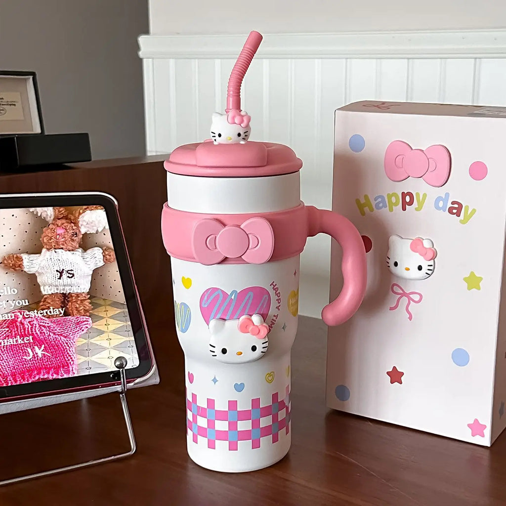 Sanrio Hello Kitty Large Insulated Tumbler with Handle – 316 Stainless Steel Straw Cup – Cute Leak-Proof Water Bottle for Women & Girls