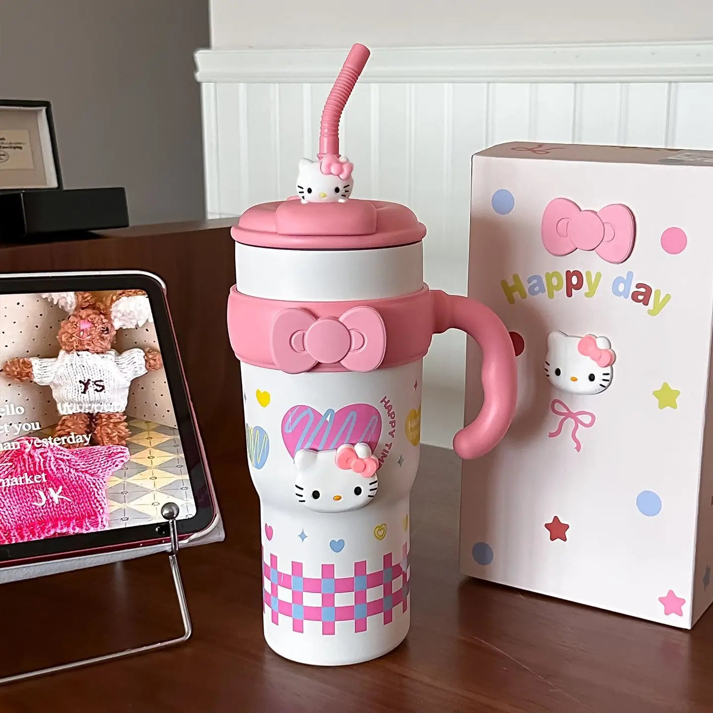 Sanrio Hello Kitty Large Insulated Tumbler with Handle – 316 Stainless Steel Straw Cup – Cute Leak-Proof Water Bottle for Women & Girls