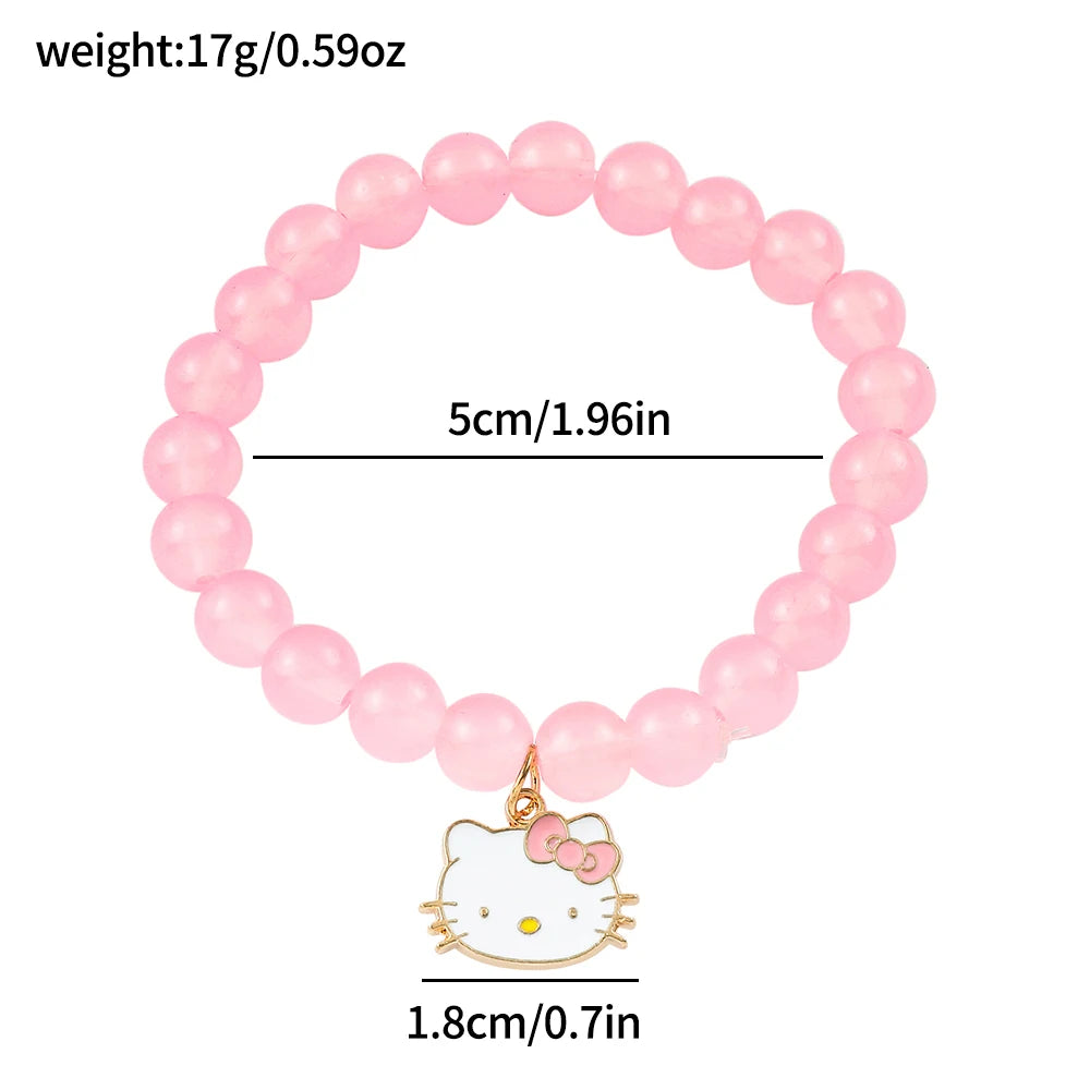 Hello Kitty Pink Glass Beaded Bracelet - Cute Cat Charm Pendant, Elastic Crystal Beads, Kawaii Jewelry Gift for Girls & Fans