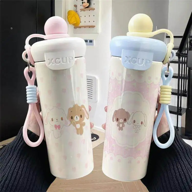 600ml Sugarbunnies Cute Cartoon Stainless Steel Floating Ball Straw Insulated Cup Large Capacity Portable Coffee Mug Plush Toys