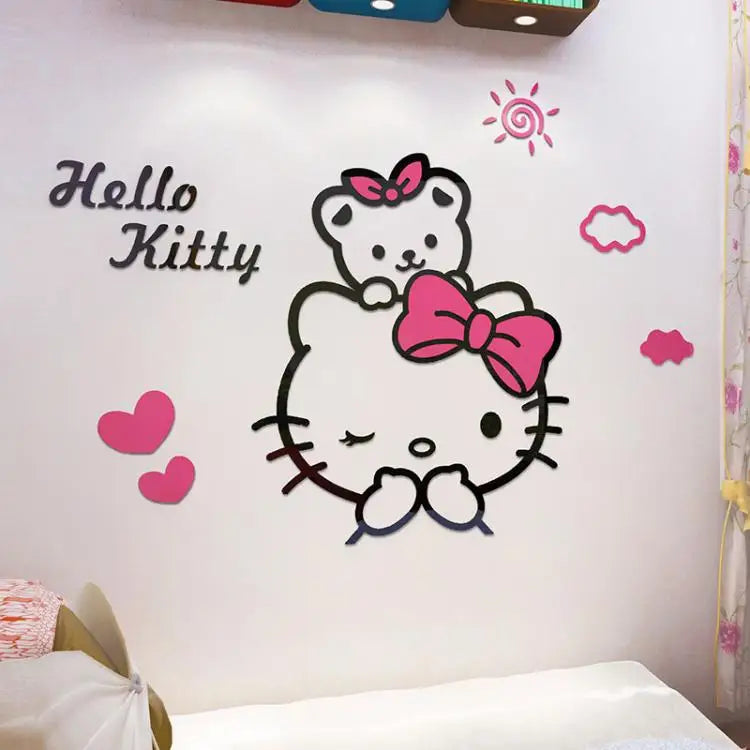 Kawaii Hello Kitty Anime 3D Stereo Diy Wall Sticker Sanrio Children's Room Bedroom Cute Decorate Background Wall Stickers Gift