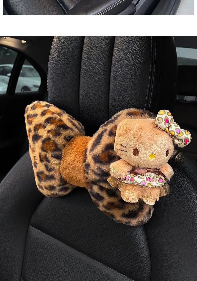 Hello Kitty Car Headrest Neck Pillow Seat Leopard Print Cushion Car Accessory for Girls Car Pillow Lumbar Support Accessories