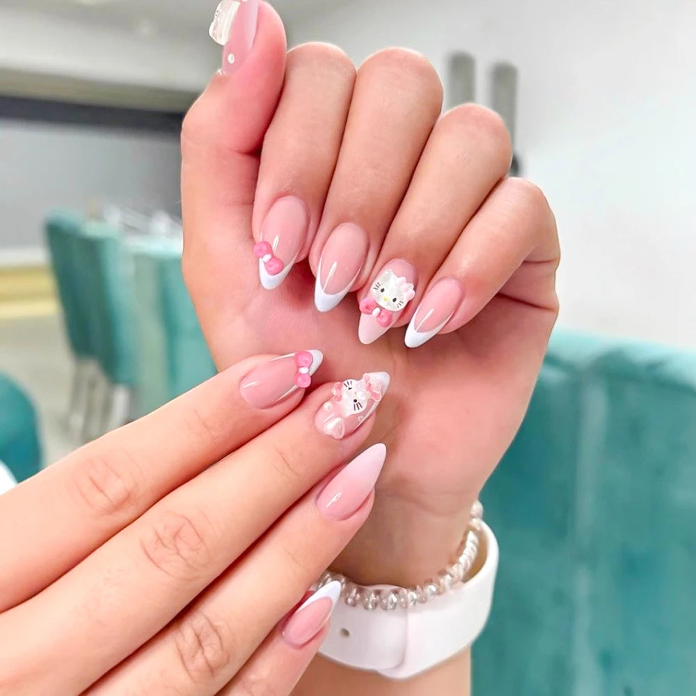24Pcs 3D Hello Kitty Pearl Bow Press-On Nails – Medium Pink French Tip Nails – Cartoon Wearable Nail Set for Women
