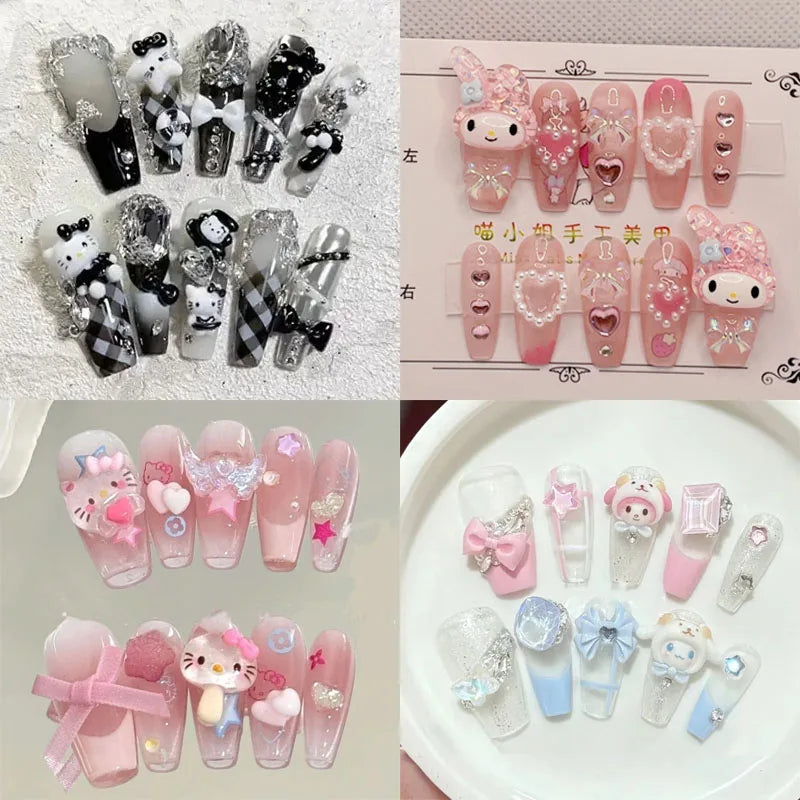 Hello Kitty Handmade Press-On Nails – Pink My Melody & Cinnamoroll Anime Nails – Detachable 3D Nail Art Decoration Set