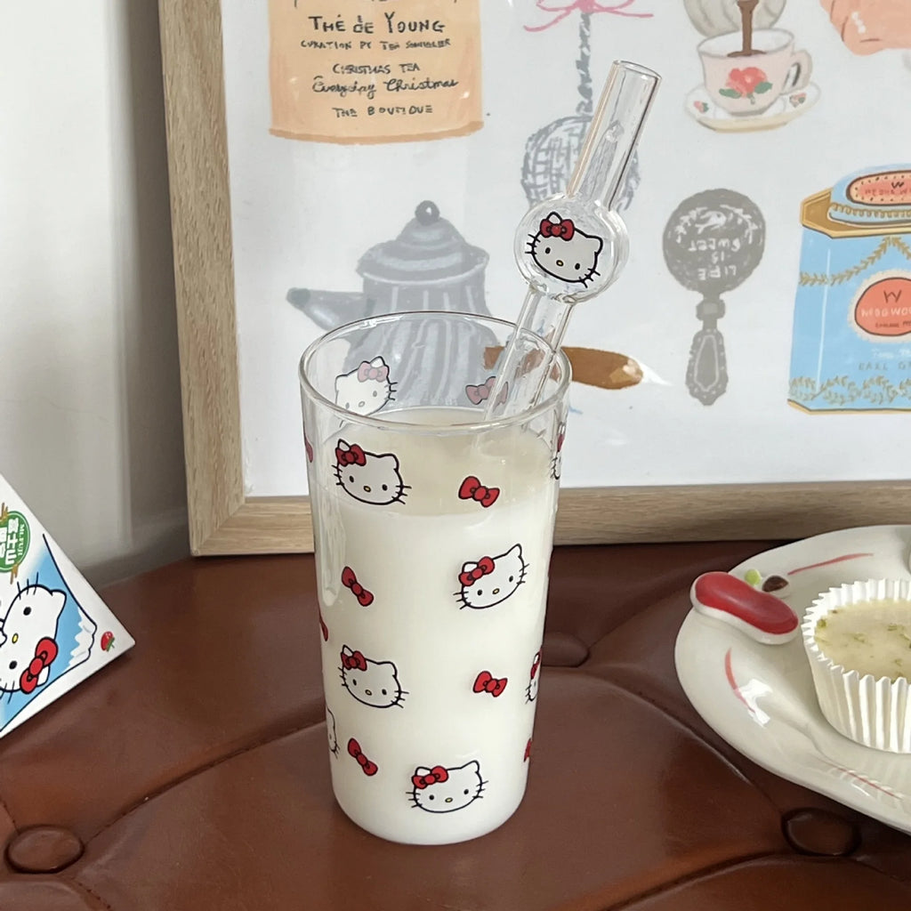 Hello Kitty Anime Ins Style Cute Cartoon Student Glass Straw KT Cat Creative High-value Household Thick Drinking Accessory Gifts