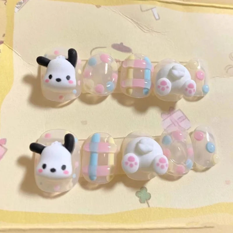 Hello Kitty Handmade Press-On Nails – Pink My Melody & Cinnamoroll Anime Nails – Detachable 3D Nail Art Decoration Set
