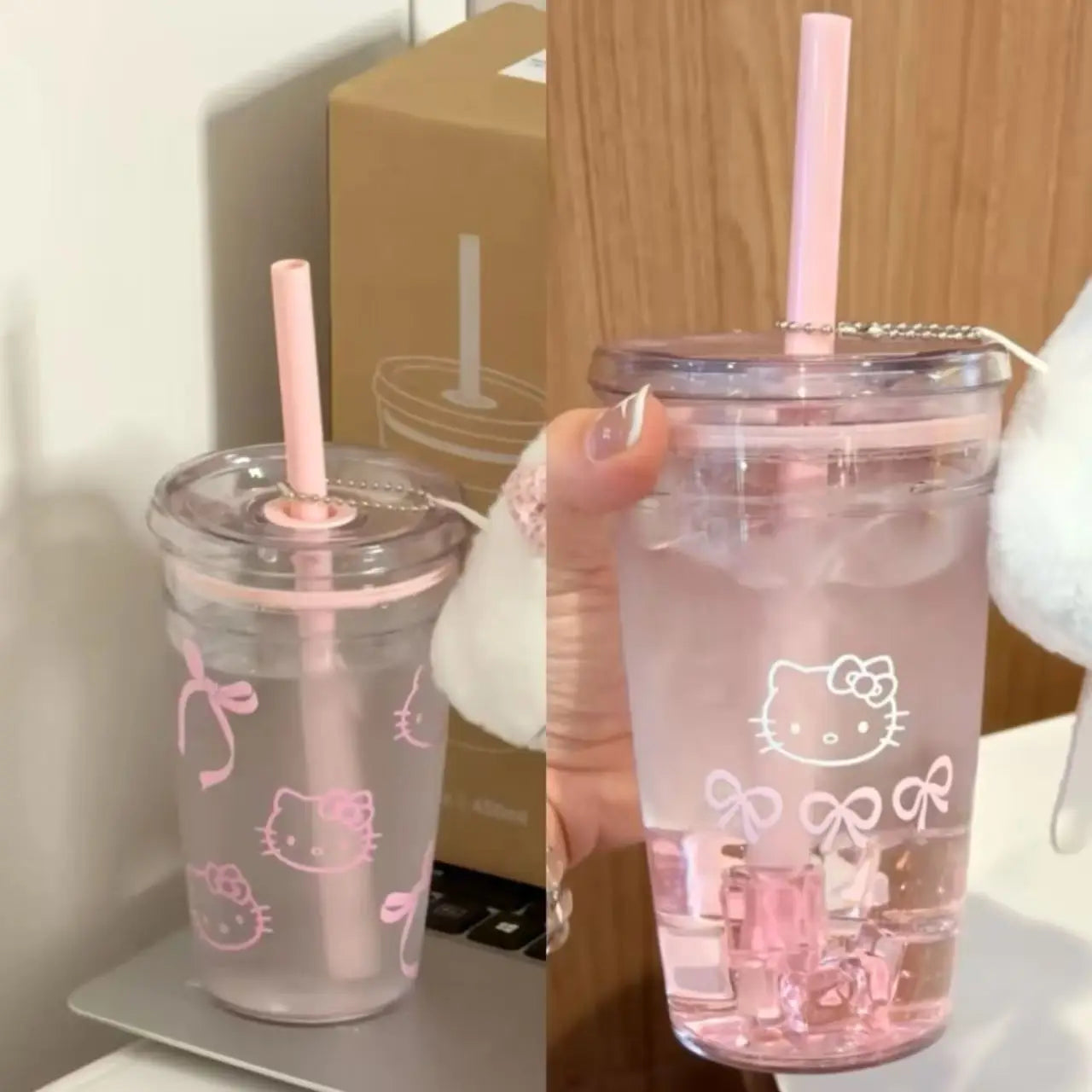 Pink HelloKitty Cat Straw Cup with Lid Plastic Student Portable Cup KT Cat High-Capacity Transparent Plastic Water Cup Girl Gift