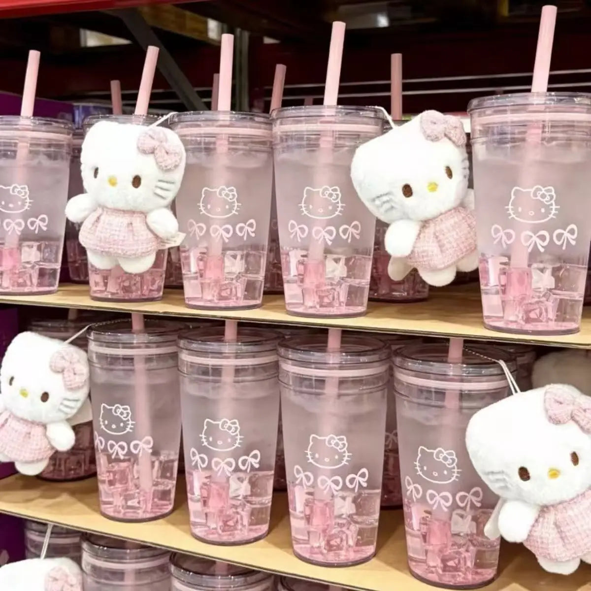Anime Hello Kitty Pink Straw Cup KT Cat Large-Capacity Transparent Plastic Water Cup Kawaii Plastic Portable Cup Birthday Gifts