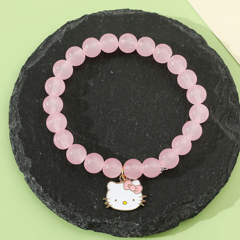 Hello Kitty Pink Glass Beaded Bracelet - Cute Cat Charm Pendant, Elastic Crystal Beads, Kawaii Jewelry Gift for Girls & Fans