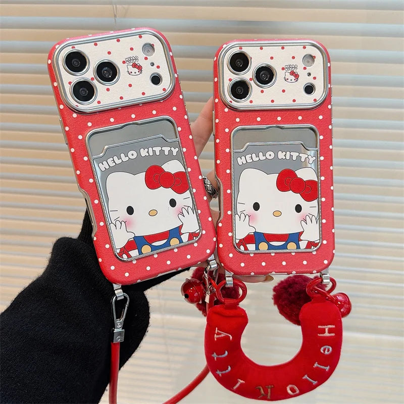 Hello Kitty Red Mirror Phone Case with Card Slot & Plush Wrist Strap – Cute Protective Cover for iPhone 13, 14, 15, 16 & 17 Pro Max