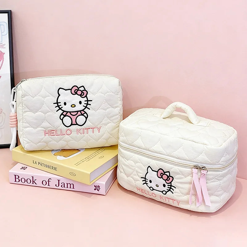 Hello Kitty Cute Quilted Makeup Bag Soft Cloud Texture Large Capacity Travel Cosmetics Storage Bag Toiletry Pouch Ladies Gifts