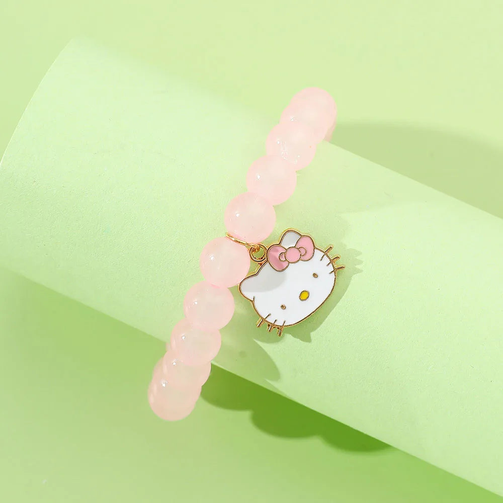 Hello Kitty Pink Glass Beaded Bracelet - Cute Cat Charm Pendant, Elastic Crystal Beads, Kawaii Jewelry Gift for Girls & Fans