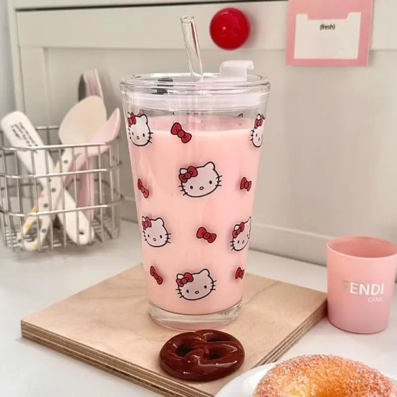 Anime Hello Kitty Double-Layered Glass Cup Kt Cat High-Quality Borosilicate Glass for Household Use Milk Cup Birthday Gifts