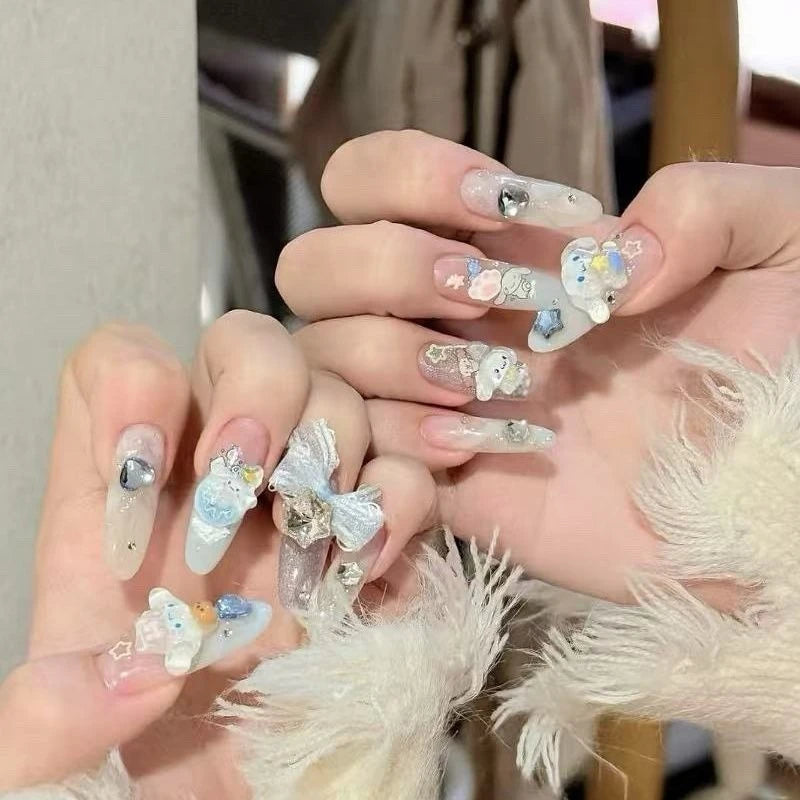 Hello Kitty Handmade Press-On Nails – Pink My Melody & Cinnamoroll Anime Nails – Detachable 3D Nail Art Decoration Set
