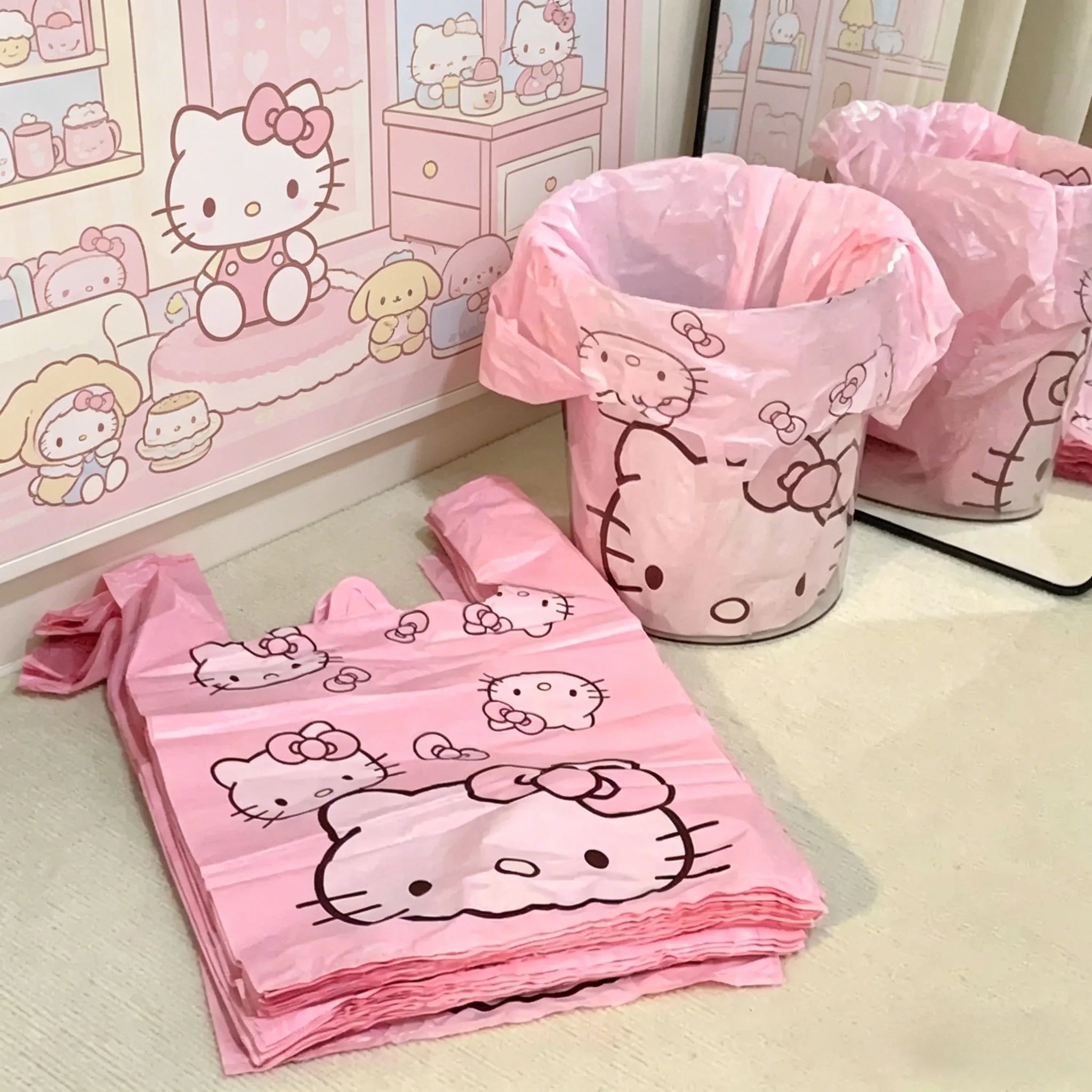 Cute Cartoon Kawaii Hello Kitty Cat Pattern Portable Bin Bag Vest Bag Plastic Bag Pink Tote Bag Storage Bag Household Waste Bag