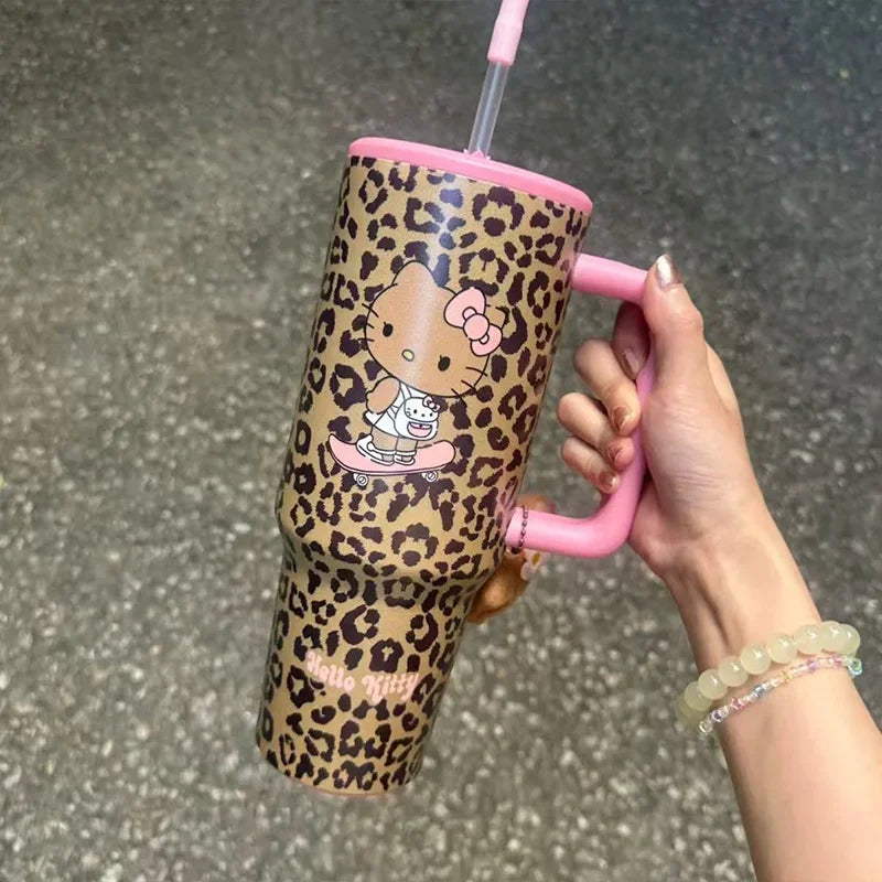 Hello Kitty Leopard Print Straw Thermos Water Bottle – Stainless Steel Insulated Cold Cup – Travel Sports Tumbler for Girls Birthday Gift.
