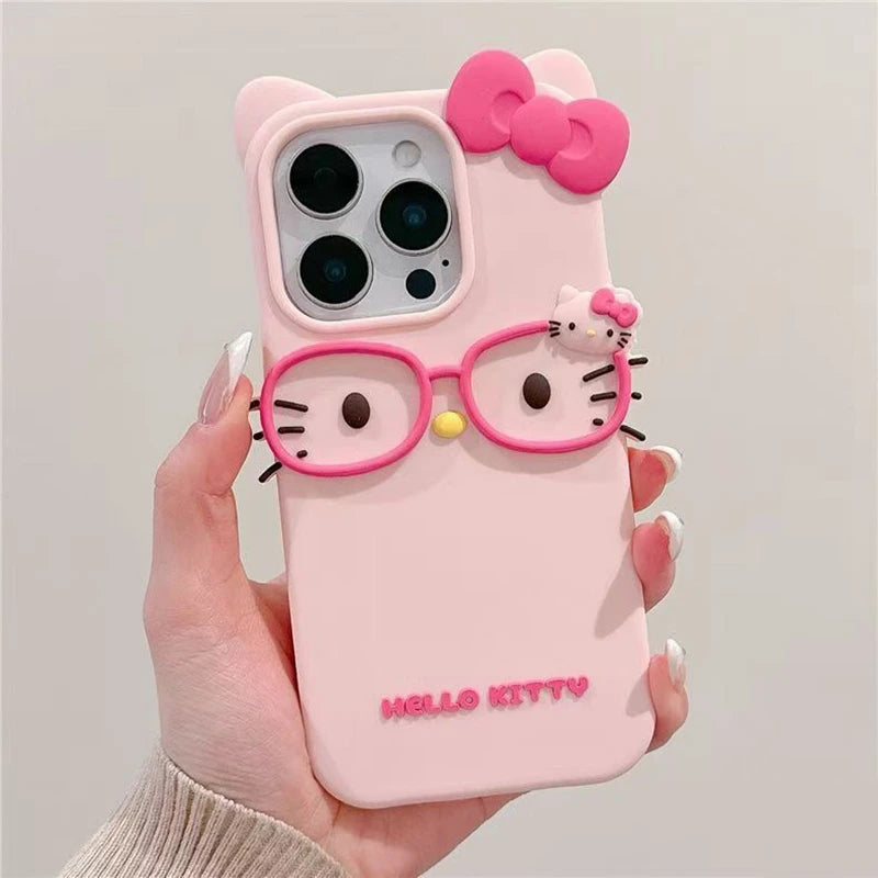 Hello Kitty 3D Glasses Cat Silicone Phone Case – Cute Shockproof Cover for iPhone 4/4S, 5/5S, SE, 7, 8, 11, 12 Mini, 13, 14, 15 Plus, 16 & 17 Pro Max
