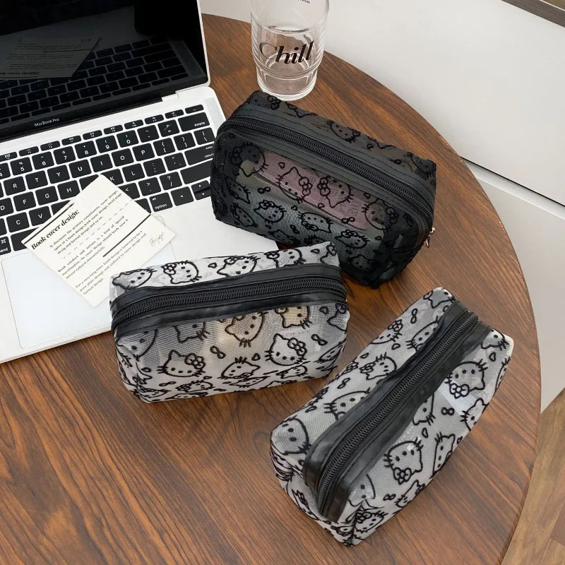 Hello Kitty Printed Transparent Mesh Makeup Bag – Large Capacity Travel Cosmetic Organizer