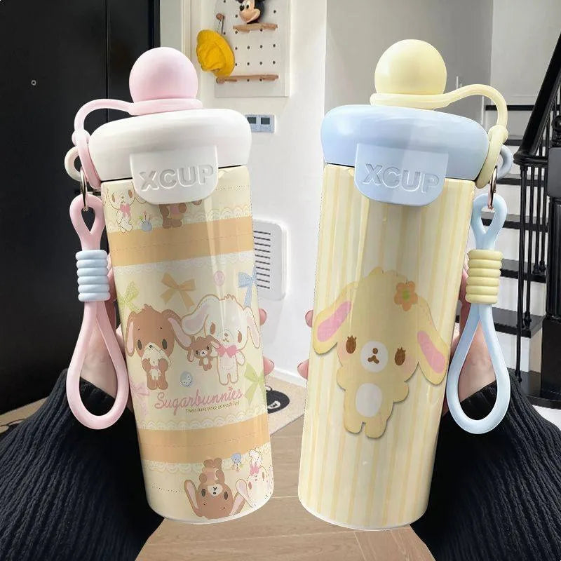 600ml Sugarbunnies Cute Cartoon Stainless Steel Floating Ball Straw Insulated Cup Large Capacity Portable Coffee Mug Plush Toys
