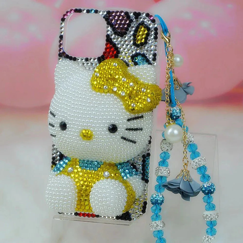 Hello Kitty Rhinestone Bling Crystal Phone Case Chain For iPhone17 16 15 14 13 12 11Pro Max X Xs XR 7 8 Plus Transparent Bumper