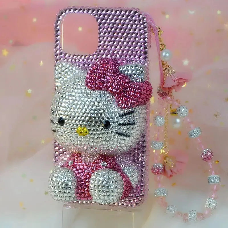 Hello Kitty Rhinestone Bling Crystal Phone Case Chain For iPhone17 16 15 14 13 12 11Pro Max X Xs XR 7 8 Plus Transparent Bumper