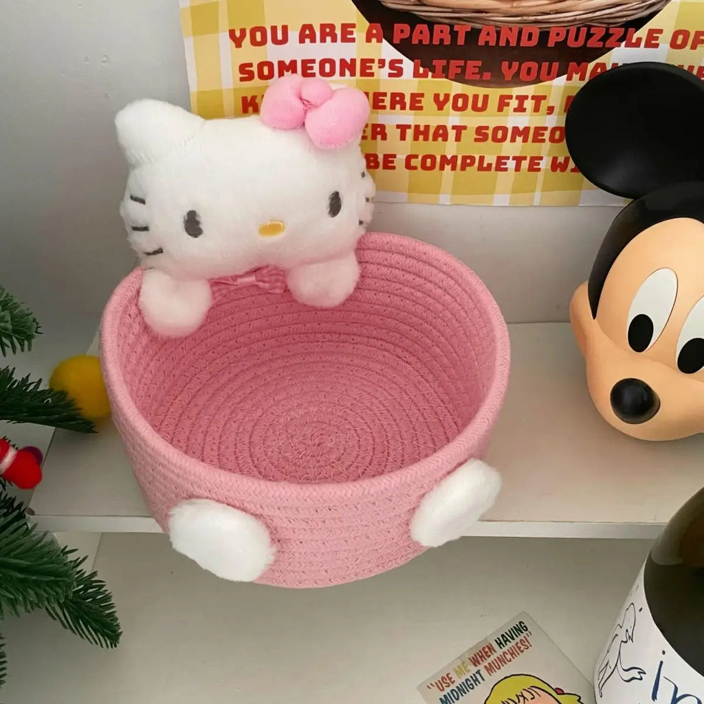 Hello Kitty Kuromi Woven Storage Basket Desktop Clutter Receiver Creative Dopamine Snack Basket Household Cosmetics Storage Box