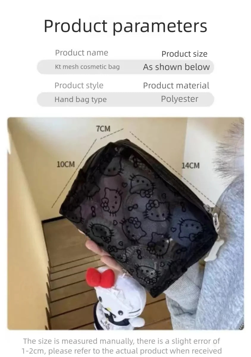 Hello Kitty Printed Transparent Mesh Makeup Bag – Large Capacity Travel Cosmetic Organizer