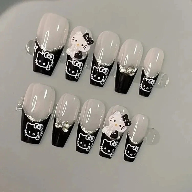 Hello Kitty Press-On Nails –  Cat Eye Shiny Wearable Nail Set – Reusable Handmade Cartoon Nail Art for Women