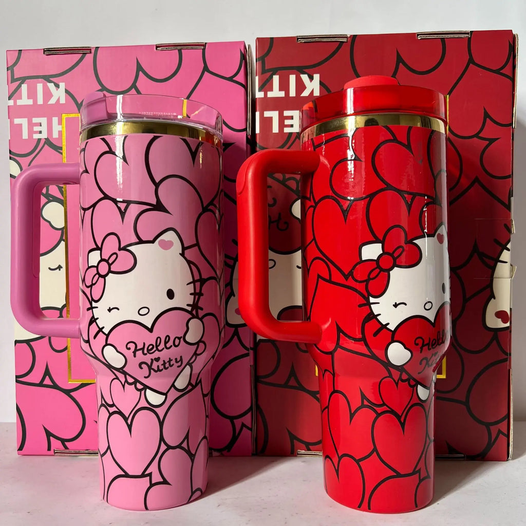 Hello Kitty Heart Print Insulated Tumbler with Handle & Lid – Cute Travel Coffee Cup for Girls