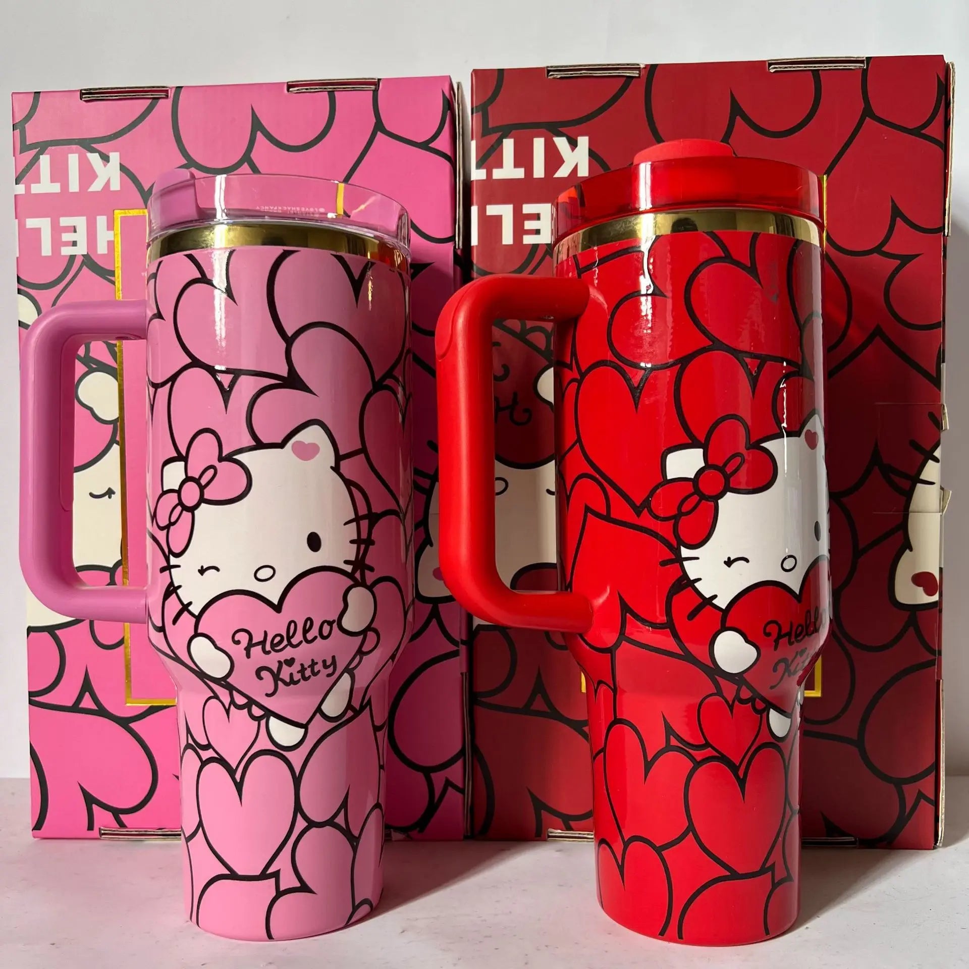 Hello Kitty Heart Print Insulated Tumbler with Handle & Lid – Cute Travel Coffee Cup for Girls