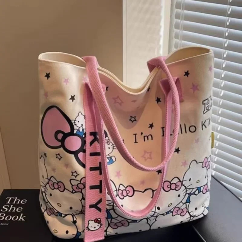 Kawaii Sanrio Hello Kitty Canvas Shoulder Bag - Large Capacity Handbag Backpack Schoolbag Gift for Girls Birthday