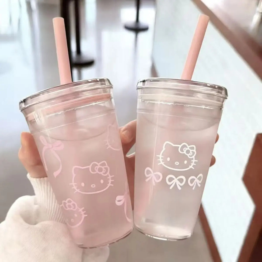Anime Hello Kitty Pink Straw Cup KT Cat Large-Capacity Transparent Plastic Water Cup Kawaii Plastic Portable Cup Birthday Gifts