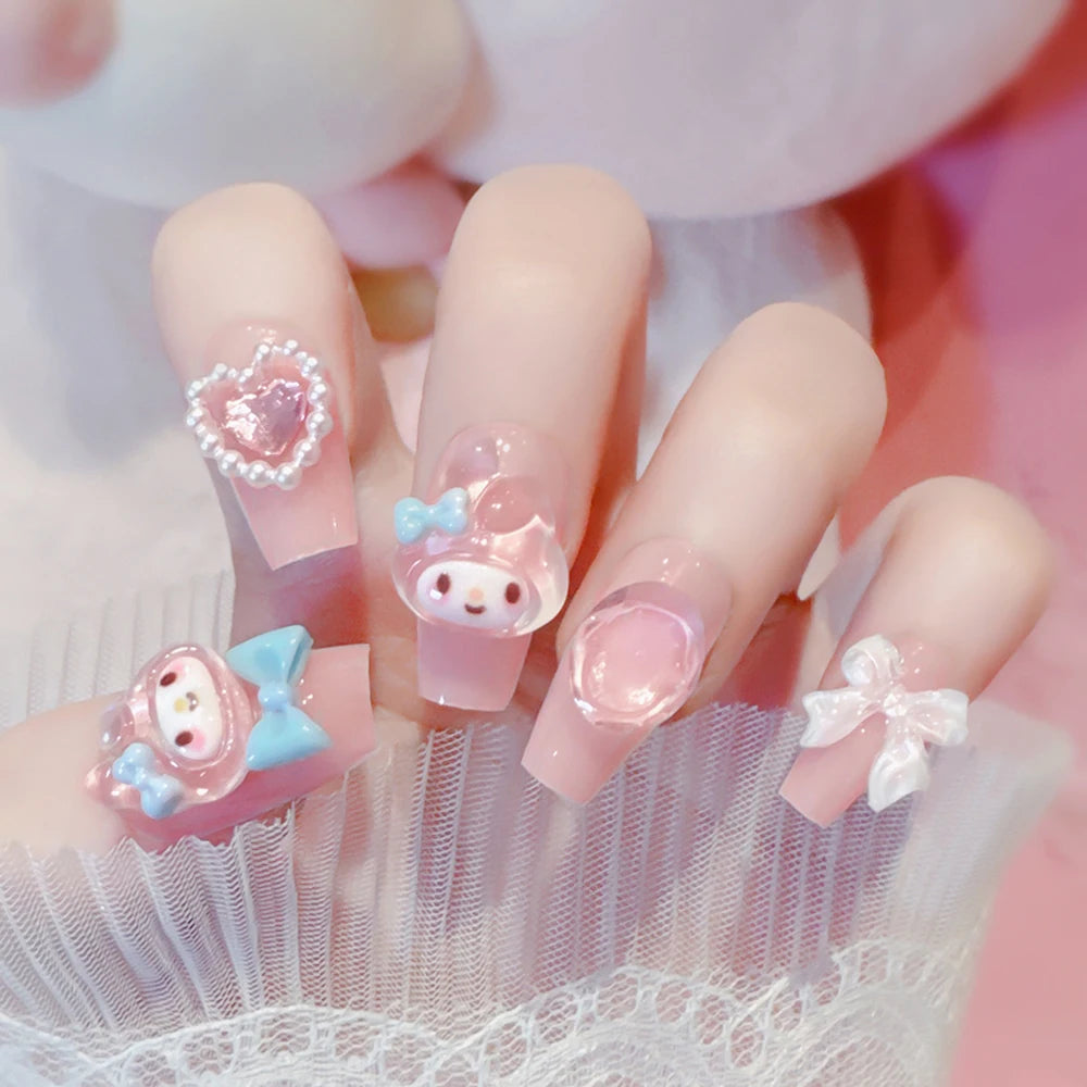 24Pcs 3D Hello Kitty Pearl Bow Press-On Nails – Medium Pink French Tip Nails – Cartoon Wearable Nail Set for Women