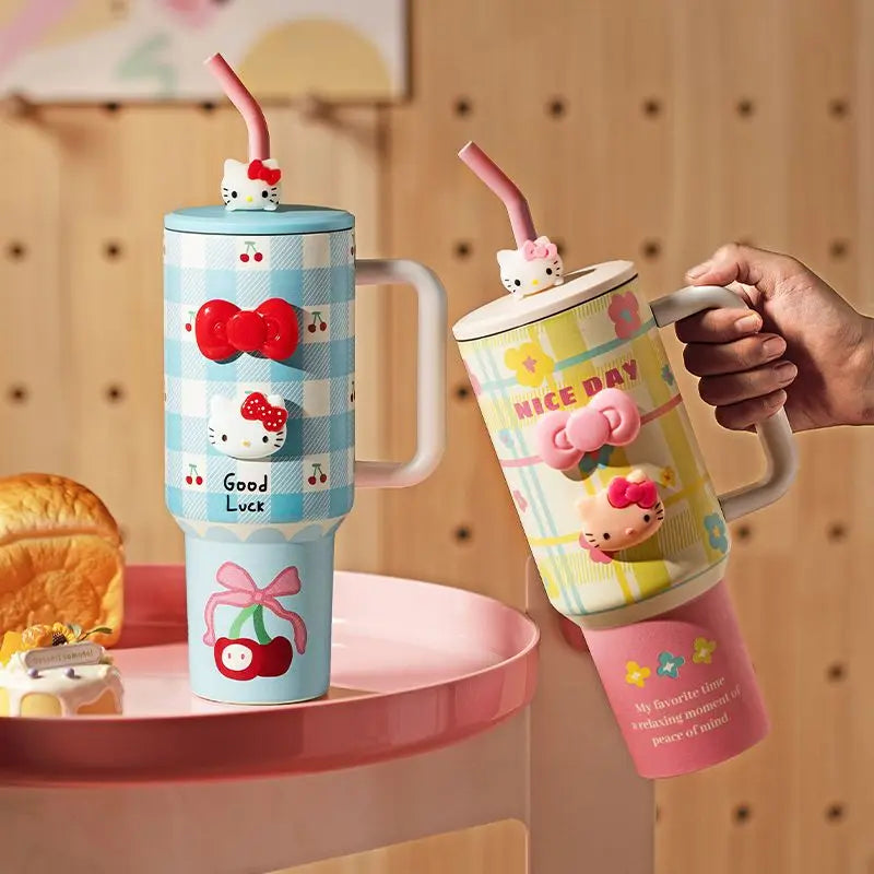 1200ml Hello Kitty 304 Stainless Steel Insulated Bottle – Pink & Blue Grid Thermo Tumbler – Large Capacity Hot & Cold Coffee Cup Water Bottle Mug Gift