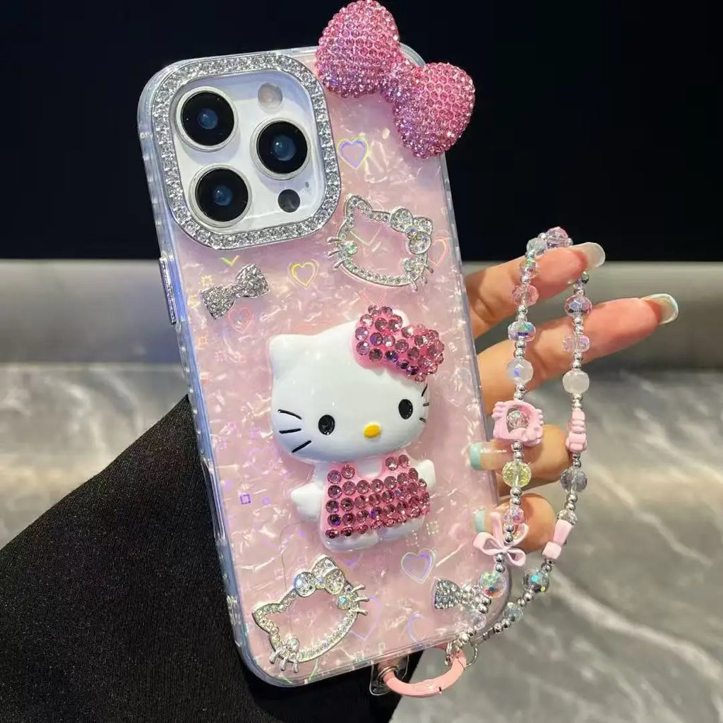 3D Hello Kitty Bling Glitter Phone Case – Sparkly Hard Protective Cover for iPhone 11, 12, 13, 14, 15, 16 & 17 Pro Max