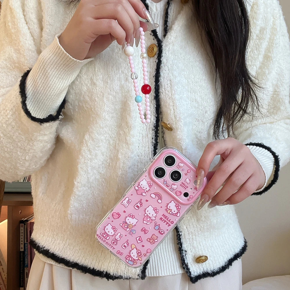 Cute Hello Kitty Illustration Phone Case with Lanyard – Shockproof Hard Cover for iPhone 13, 14, 15, 16 & 17 Pro Max