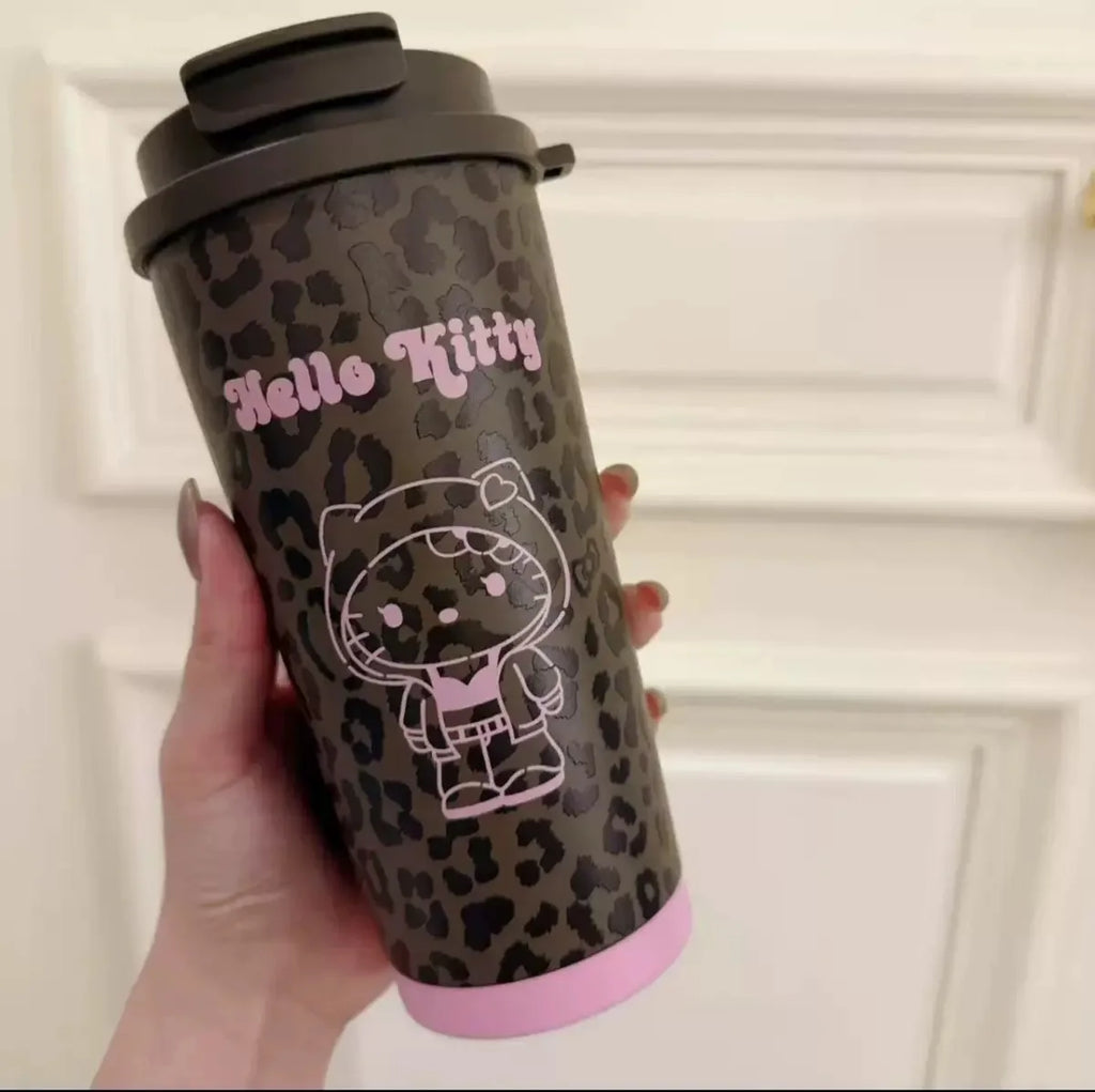 Cartoon Leopard HelloKitty Mug Stainless Steel Student Straw Double-drinking Large-capacity Coffee Cup Lovely Birthday Gift