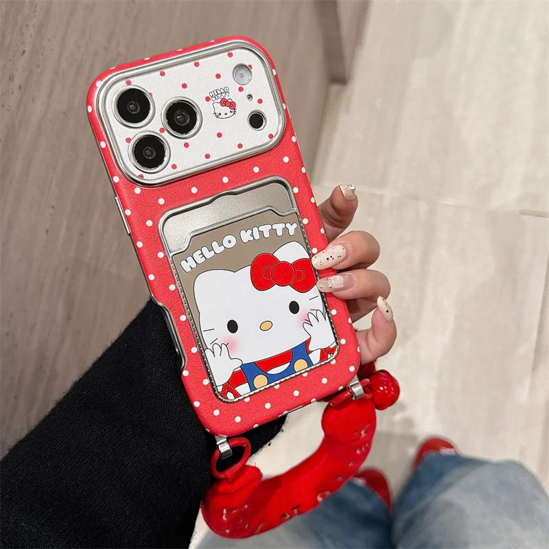 Hello Kitty Red Mirror Phone Case with Card Slot & Plush Wrist Strap – Cute Protective Cover for iPhone 13, 14, 15, 16 & 17 Pro Max