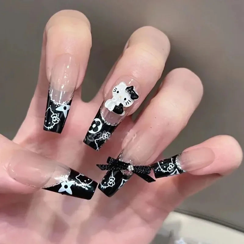 Hello Kitty Press-On Nails –  Cat Eye Shiny Wearable Nail Set – Reusable Handmade Cartoon Nail Art for Women
