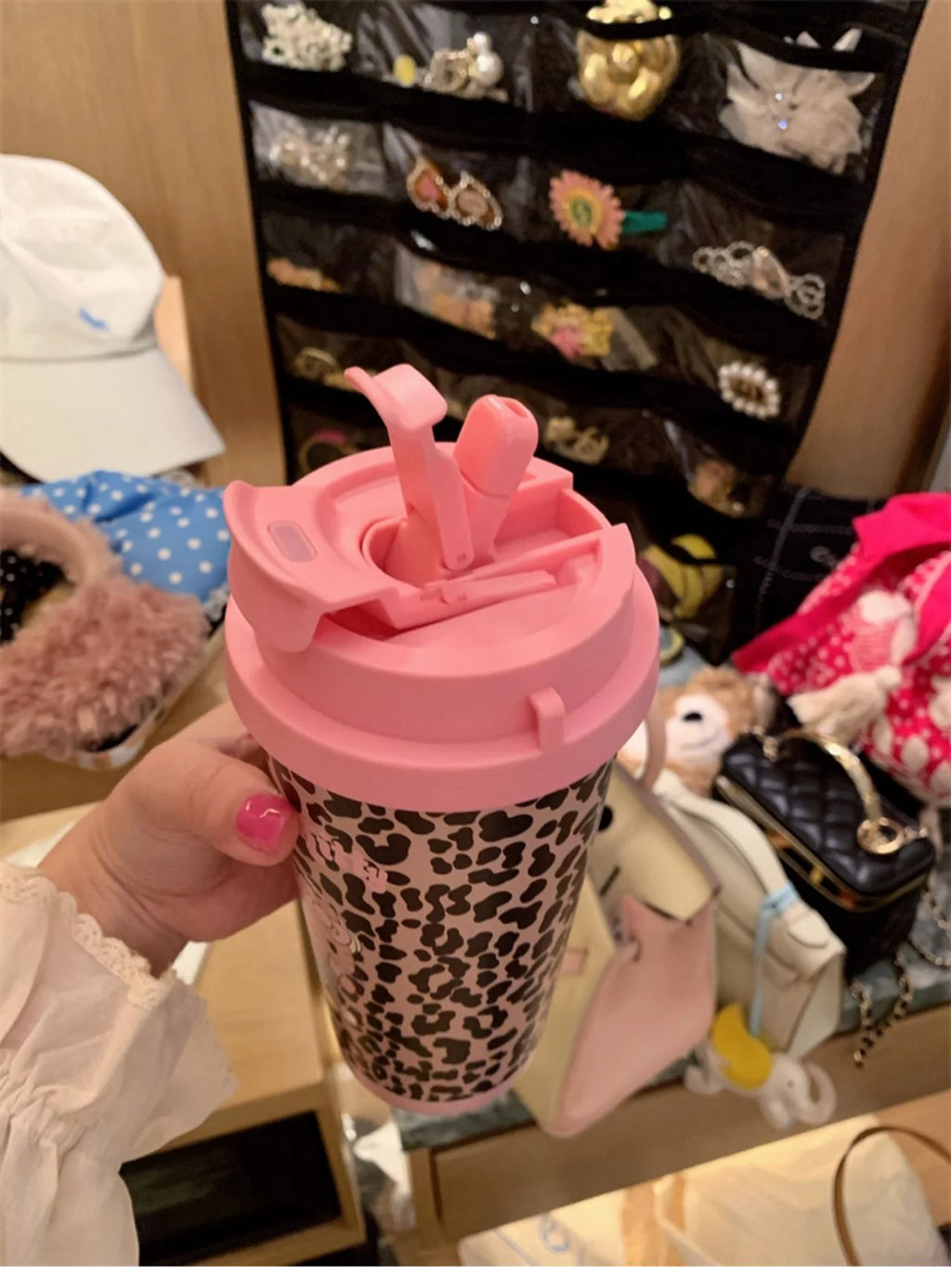 Cartoon Leopard HelloKitty Mug Stainless Steel Student Straw Double-drinking Large-capacity Coffee Cup Lovely Birthday Gift