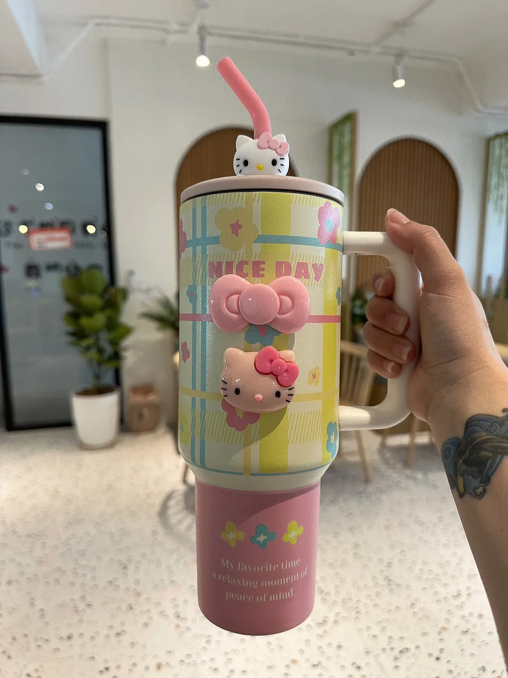 1200ml Hello Kitty 304 Stainless Steel Insulated Bottle – Pink & Blue Grid Thermo Tumbler – Large Capacity Hot & Cold Coffee Cup Water Bottle Mug Gift