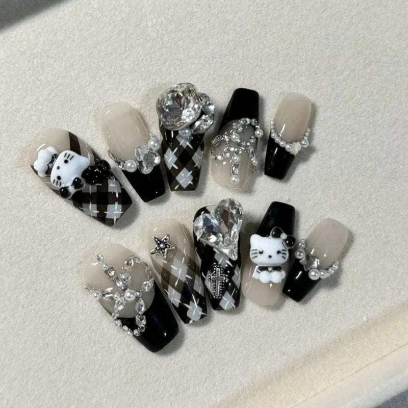Hello Kitty Handmade Press-On Nails – Pink My Melody & Cinnamoroll Anime Nails – Detachable 3D Nail Art Decoration Set