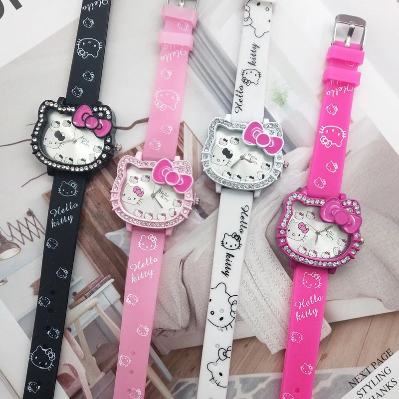 Hello Kitty Children's Cartoon Cat Head Student Electronic Silicone Diamond Bow Quartz Watch Party Kids Girls Gifts