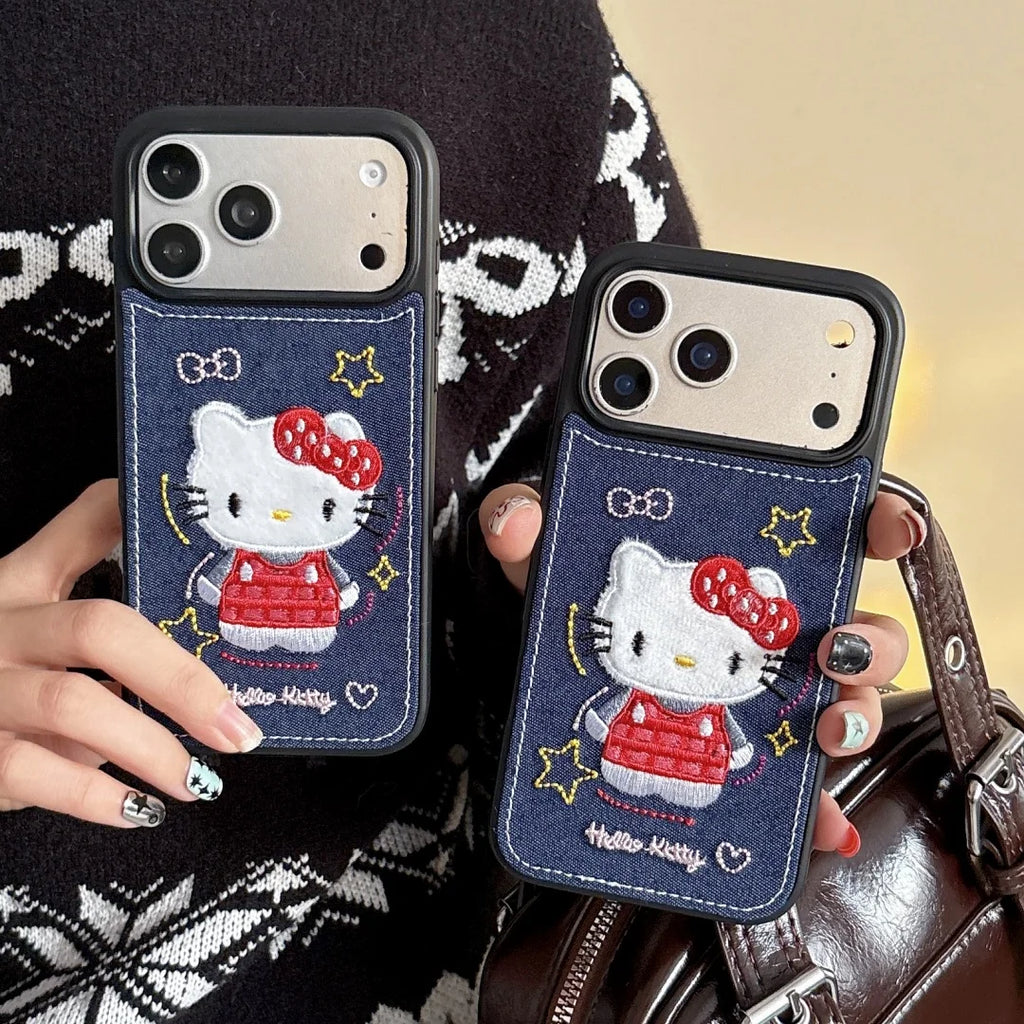 Luxury Denim Leather Pattern Cartoon Hello Kitty Case For iPhone 17 15 14 Pro Max 17 Pro Love Heart Stars Style Shockproof Cover