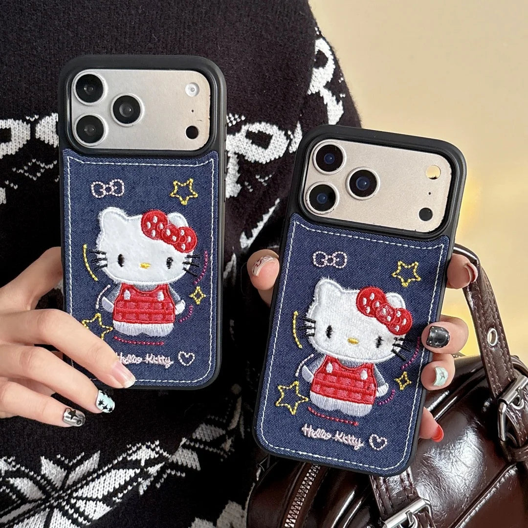 Luxury Denim Leather Pattern Cartoon Hello Kitty Case For iPhone 17 15 14 Pro Max 17 Pro Love Heart Stars Style Shockproof Cover