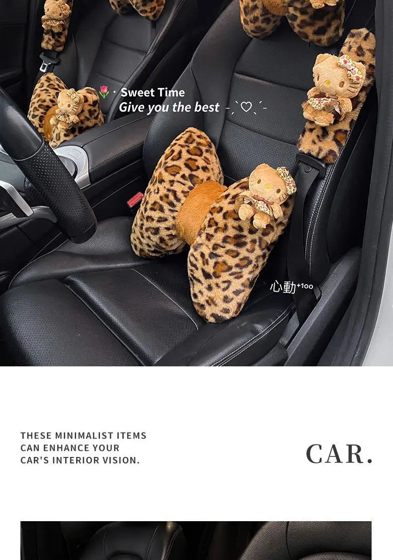 Hello Kitty Car Headrest Neck Pillow Seat Leopard Print Cushion Car Accessory for Girls Car Pillow Lumbar Support Accessories