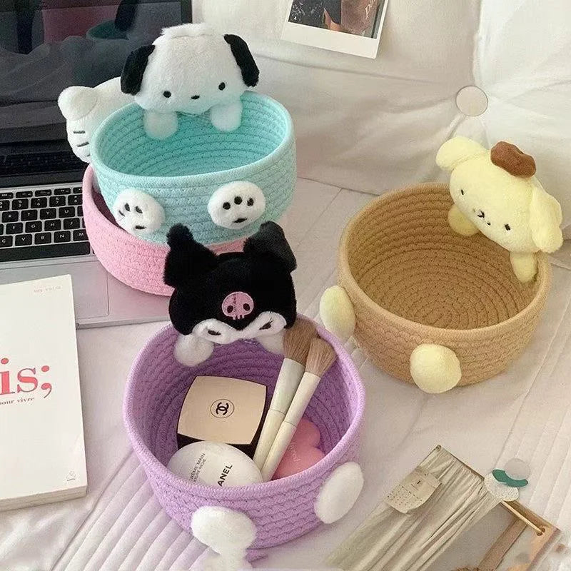 Hello Kitty Kuromi Woven Storage Basket Desktop Clutter Receiver Creative Dopamine Snack Basket Household Cosmetics Storage Box