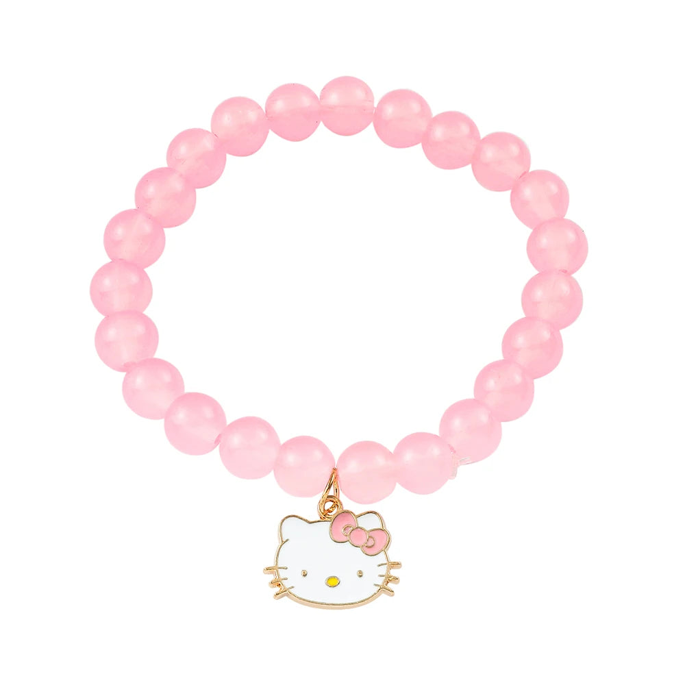 Hello Kitty Pink Glass Beaded Bracelet - Cute Cat Charm Pendant, Elastic Crystal Beads, Kawaii Jewelry Gift for Girls & Fans
